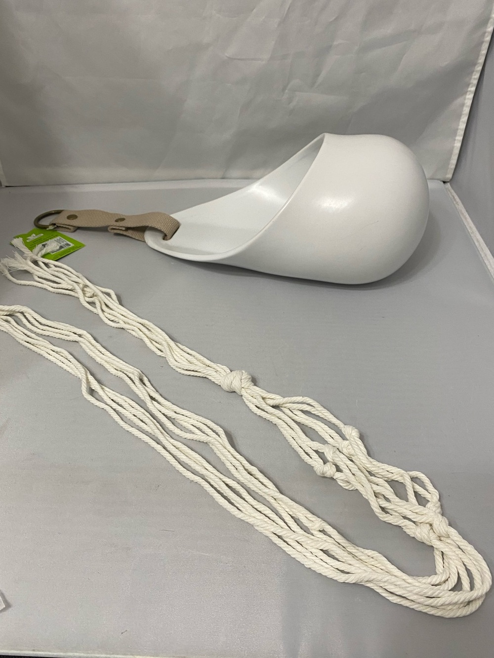 White Hanging Planter and Macrame Rope Plant Hanger.